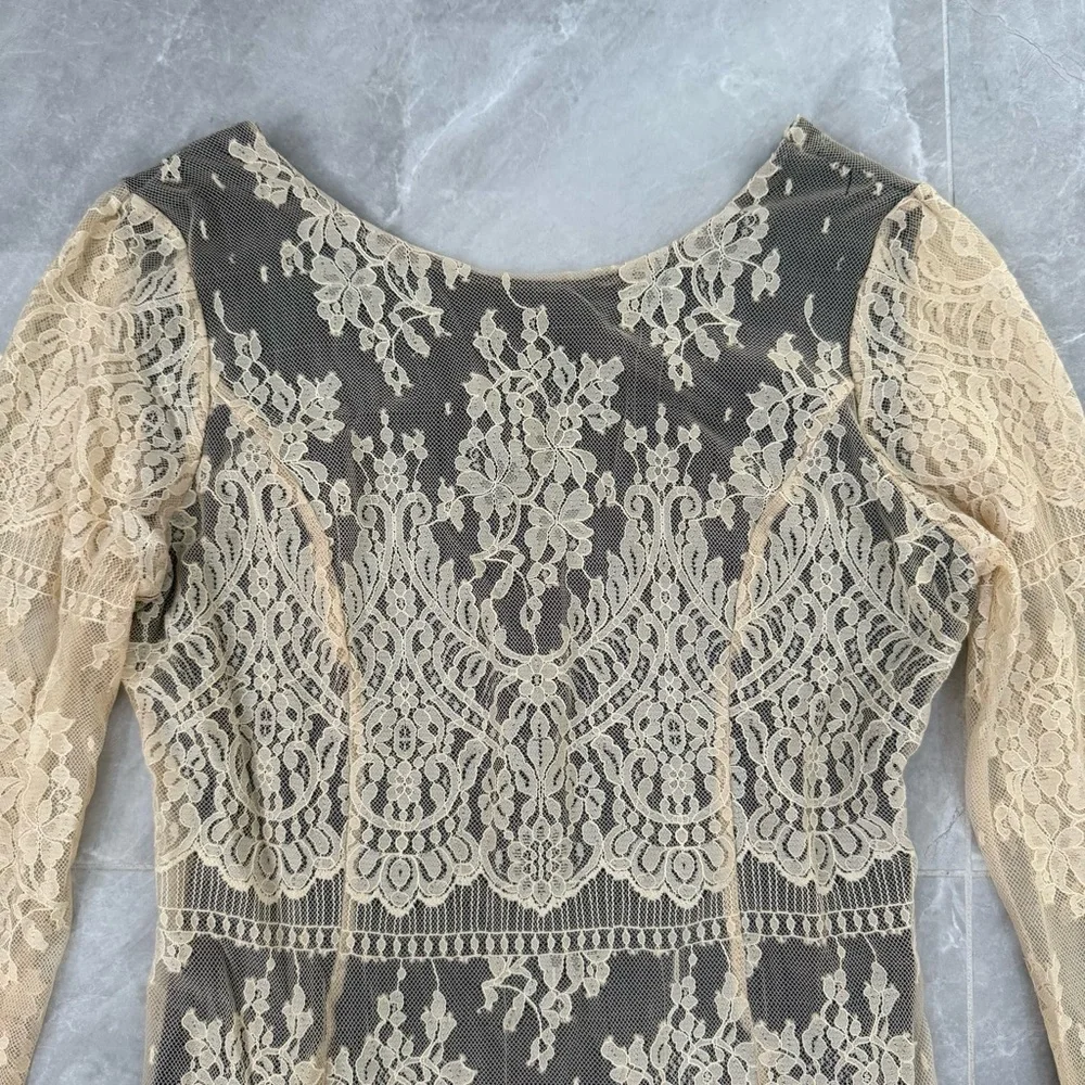 Women’s Free People Lace Open V Back Dress Long Sleeve Lined Boho Size Small - Picture 3 of 16